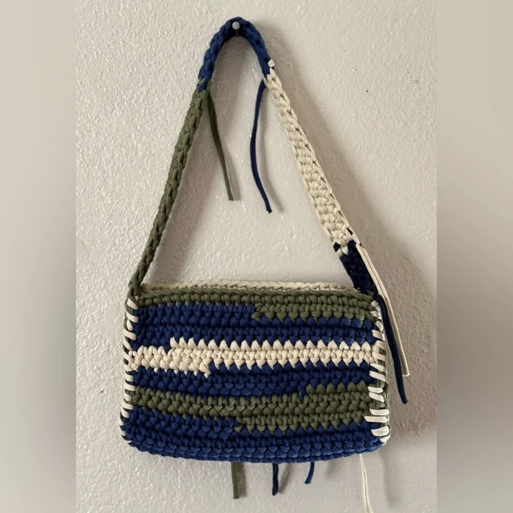Crochet Should Bag Blue, Olive & Cream